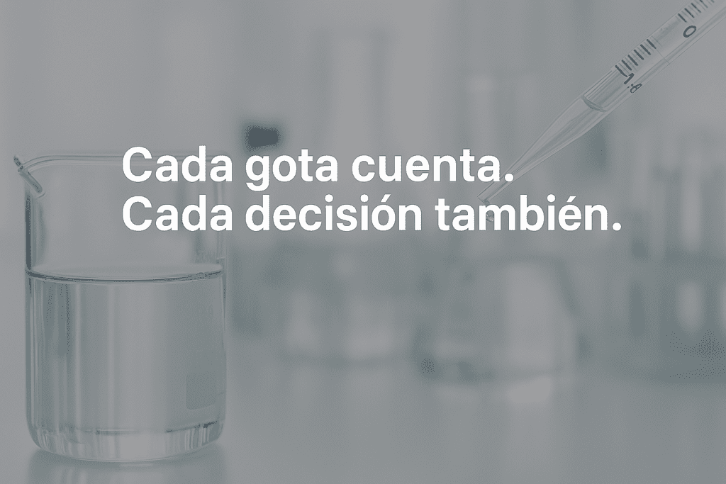 Ambiente de laboratorio con vaso de precipitados y pipeta dispensando una gota de agua, representando el control y el uso responsable del agua en procesos analíticos.